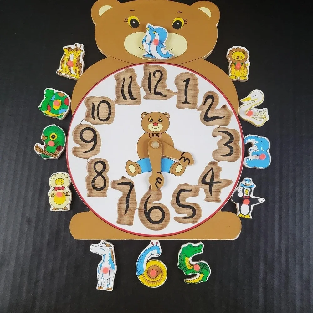 Vintage Wooden Teddy Bear Puzzle Removable Animal Shaped Numbers, Movable Hands